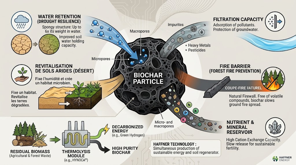 Diagram of the physical and ecological benefits of biochar: water retention, mineral supply, and fire barrier