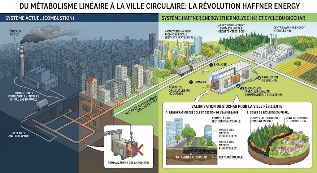 Modèle de ville circulaire avec chauffage urbain à partir d'une biomasse non calcinée