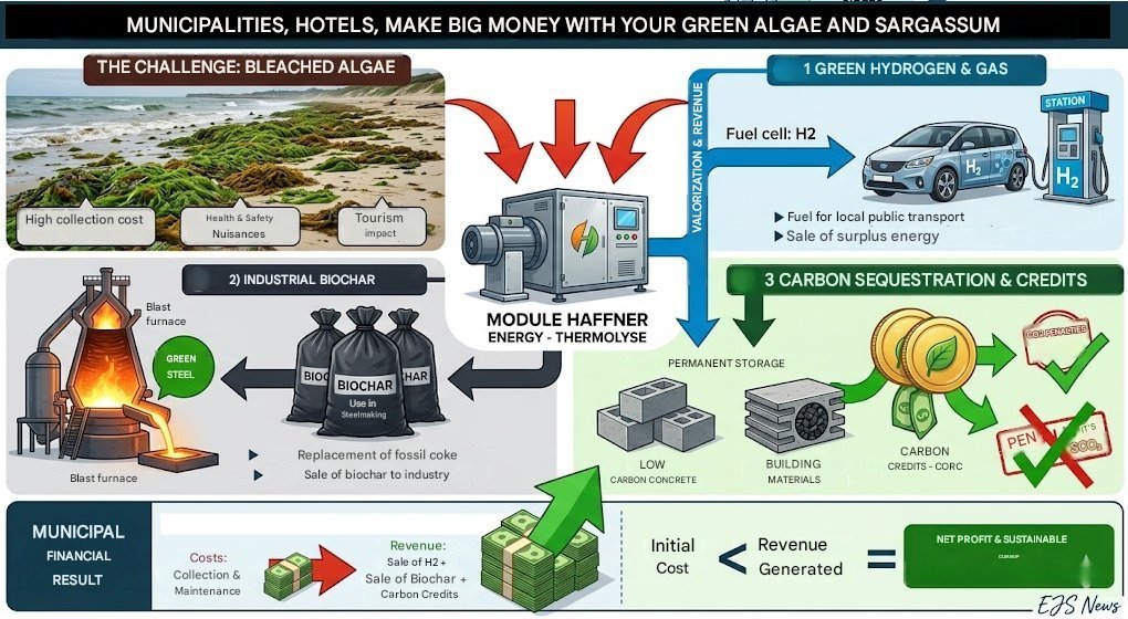 Haffner Energy — Algae from agricultural fertilizer runoff, often seen as a coastal nuisance, can be mixed with other biomass to produce fuel and biochar, turning an environmental problem into a source of revenue.