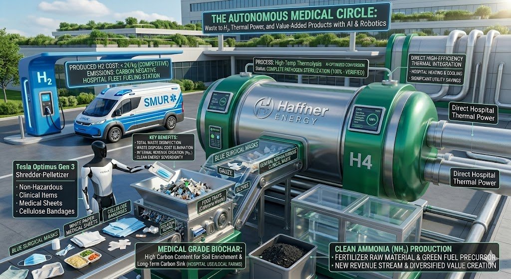 Haffner Energy — Hospital waste (textiles, food waste) can be converted into synthesis gas, then into ultra-pure hydrogen for emergency medical vehicles. Recovered heat can heat buildings or generate electricity for the hospital.
