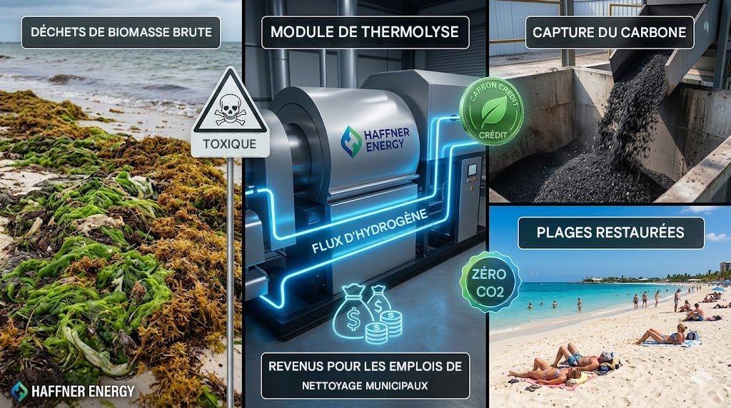 Haffner Energy — Les algues issues du ruissellement d'engrais agricoles, souvent perçues comme une nuisance côtière, peuvent être mélangées à d'autres biomasses pour produire des carburants et du biochar, transformant un problème environnemental en source de revenus.
