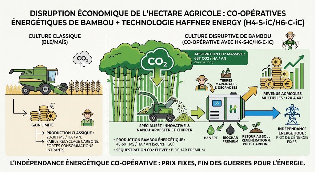 Haffner Energy — Les modules transforment la biomasse en gaz de synthèse et en biochar, convertibles en carburants verts. La culture de bambou sur des terres marginales peut compléter ce modèle en générant des revenus et en séquestrant davantage de carbone.