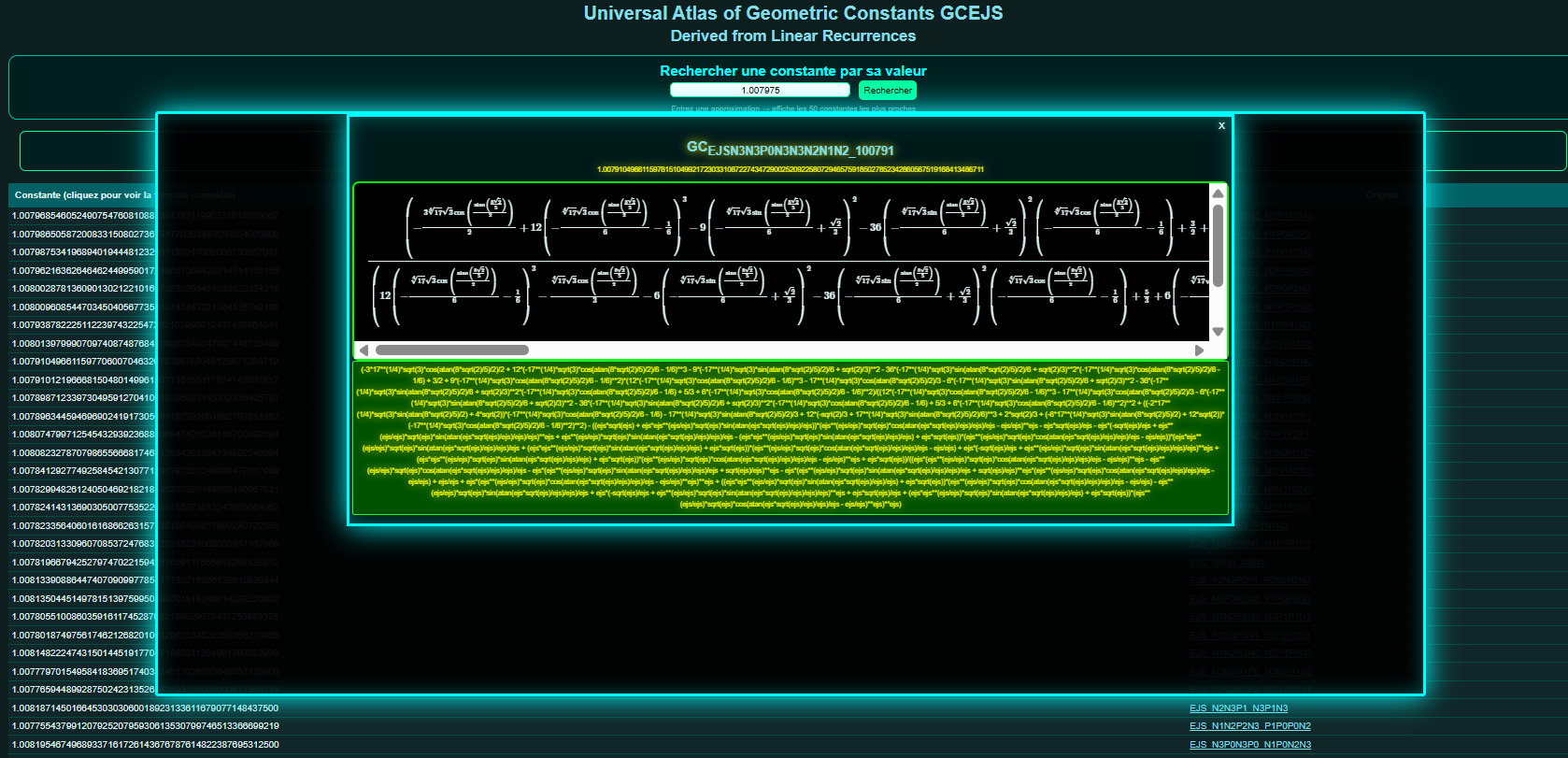 Symbolics constants from linear recurrences - database web search — Recherche dans la base web de constantes symboliques