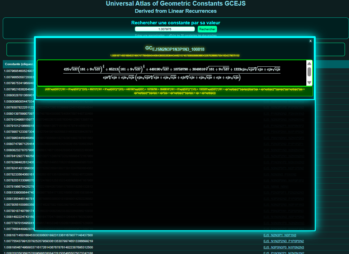 Symbolics constants with 100 digits values from linear recurrences - database quick web search